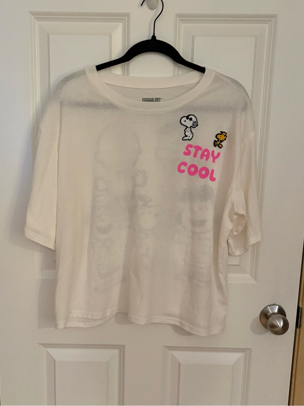 Peanuts White Short Sleeve Tee with Pink 'Stay Cool' and Yellow Woodstock